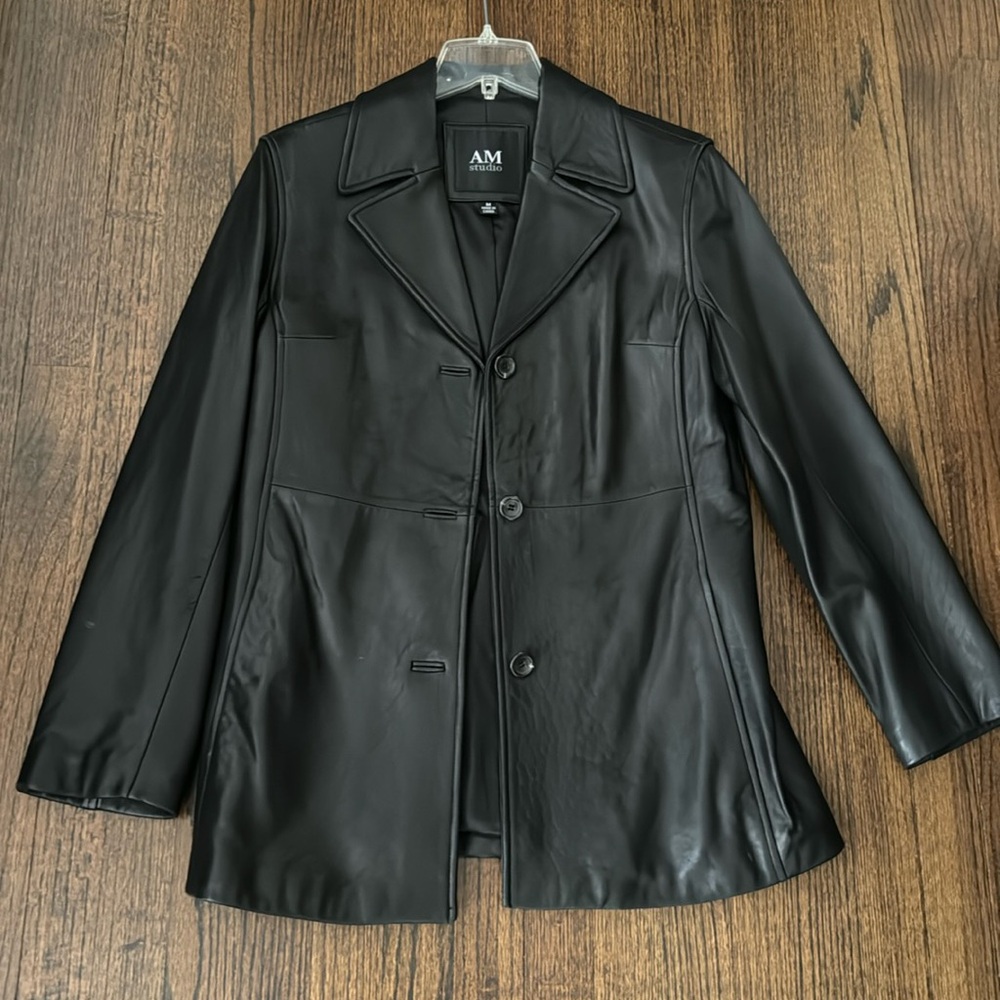 Black mid length leather coat